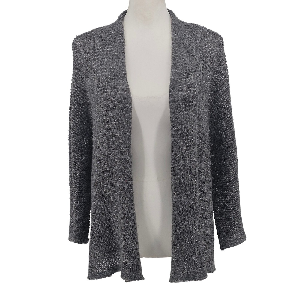 Eileen Fisher Alpaca Blend Open Front Cardigan L Gray Metallic Quiet Luxury